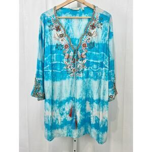 SOFT SURROUNDINGS Embellished Icon Tunic Top Beaded Tassel Tie Dye Blue 1X Plus